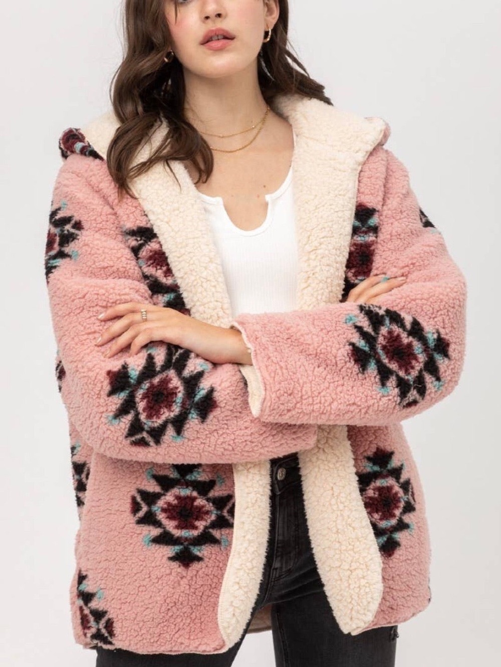 Pink Sherpa Hooded Jacket with Aztec Tribal Southwest Pattern